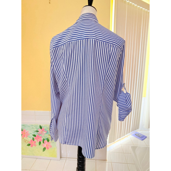 Women's Michael Kors Striped Full Zip Shirt, Size L, Blue/White - Picture 5 of 7